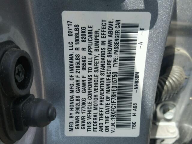 19XFC1F78HE015750 - 2017 HONDA CIVIC EXL 灰色 照片 10