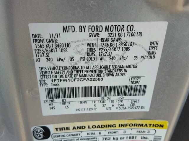 1FTFW1CF2CFA02588 - 2012 FORD F150 SUPER SILVER photo 10