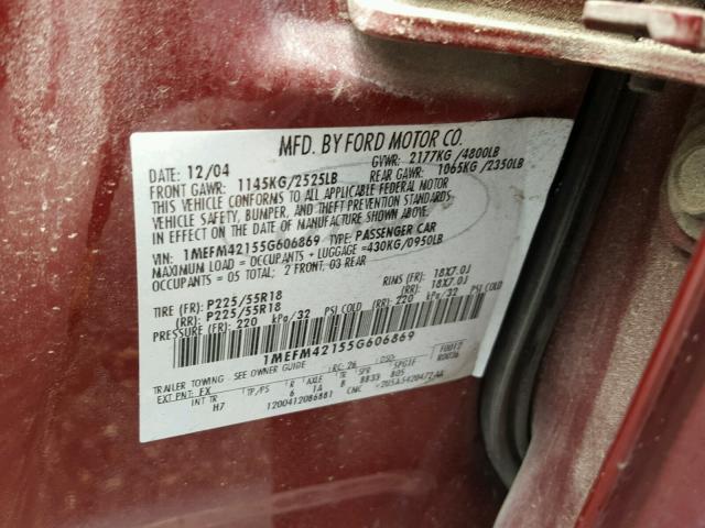 1MEFM42155G606869 - 2005 MERCURY MONTEGO PR 栗色 照片 10