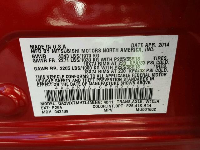 4A4AR3AU8EE027785 - 2014 MITSUBISHI OUTLANDER RED photo 10