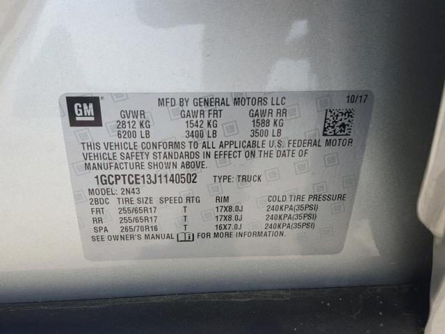 1GCPTCE13J1140502 - 2018 CHEVROLET COLORADO L SILVER photo 10