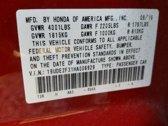 19UDE2F31HA006929 - 2017 ACURA ILX BASE RED photo 10