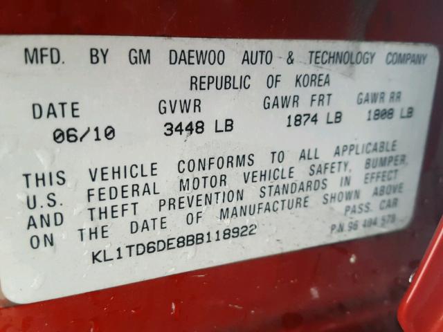 KL1TD6DE8BB118922 - 2011 CHEVROLET AVEO LS RED photo 10