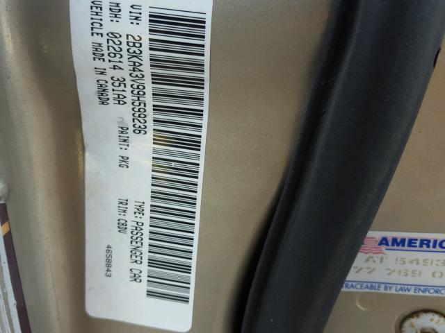 2B3KA43V99H599236 - 2009 DODGE CHARGER GOLD photo 10