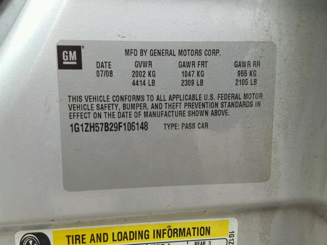 1G1ZH57B29F106148 - 2009 CHEVROLET MALIBU 1LT ვერცხლისფერი ფოტო 10