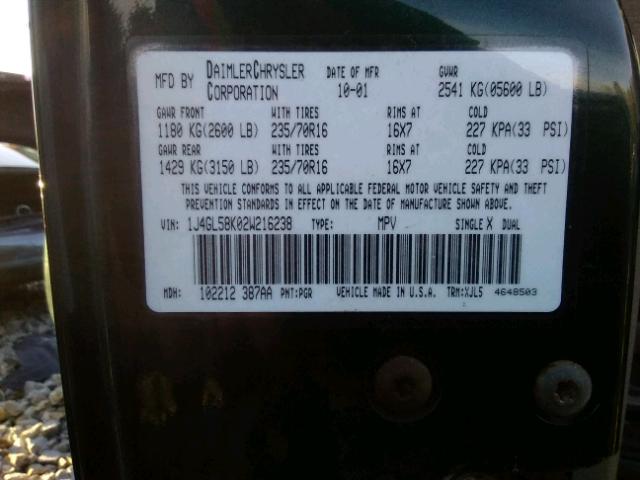 1J4GL58K02W216238 - 2002 JEEP LIBERTY LI GREEN photo 10