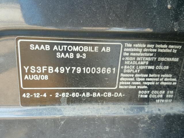 YS3FB49Y791003661 - 2009 SAAB 9-3 2.0T GRAY photo 10