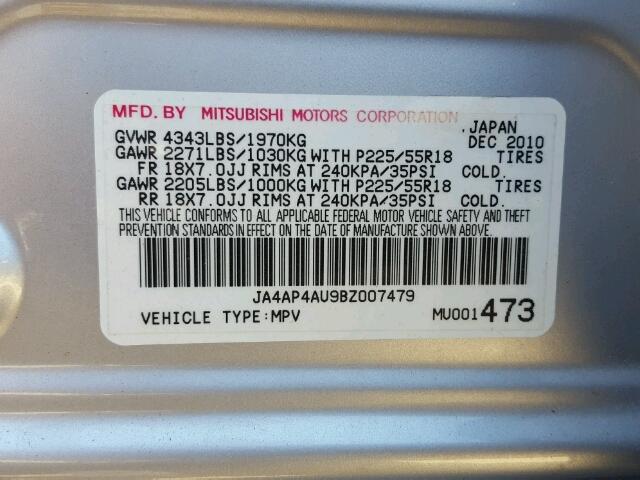 JA4AP4AU9BZ007479 - 2011 MITSUBISHI OUTLANDER SILVER photo 10