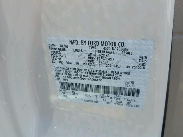 1FMCU03G09KA09370 - 2009 FORD ESCAPE XLT WHITE photo 10