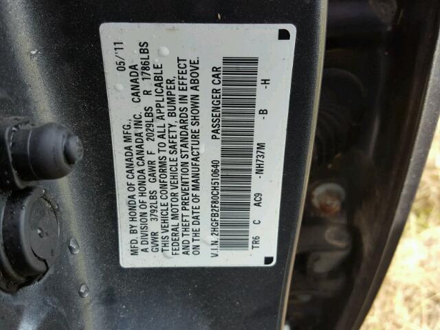 2HGFB2F80CH510640 - 2012 HONDA CIVIC EX GRAY photo 10