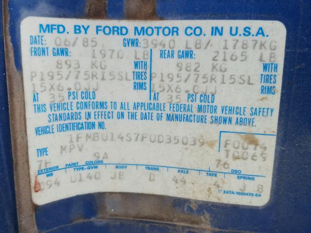 1FMBU14S7FUD35039 - 1985 FORD BRONCO II BLUE photo 10