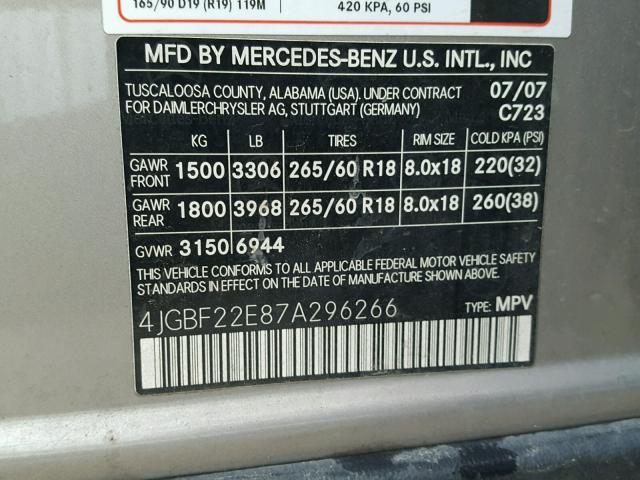 4JGBF22E87A296266 - 2007 MERCEDES-BENZ GL 320 CDI SILVER photo 10