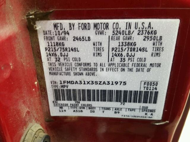 1FMDA31X3SZA31975 - 1995 FORD AEROSTAR RED photo 10