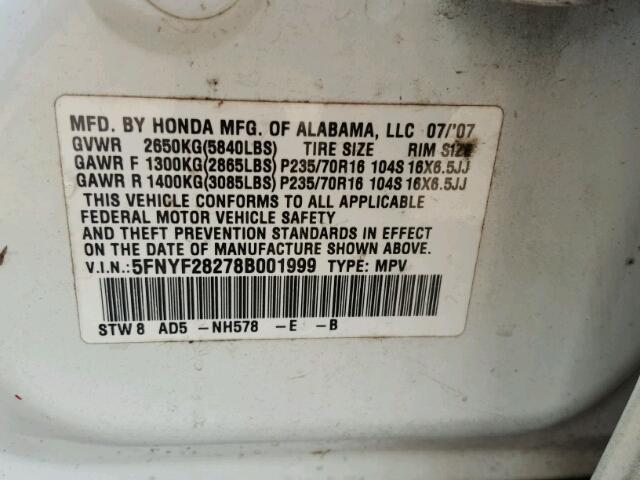 5FNYF28278B001999 - 2008 HONDA PILOT VP WHITE photo 10