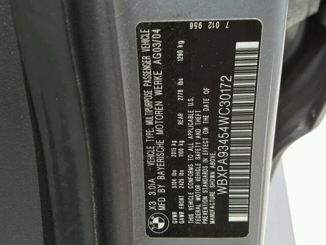 WBXPA93454WC30172 - 2004 BMW X3 GRAY photo 10