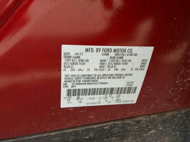 1FM5K8F82HGC70003 - 2017 FORD EXPLORER L 红色 照片 10