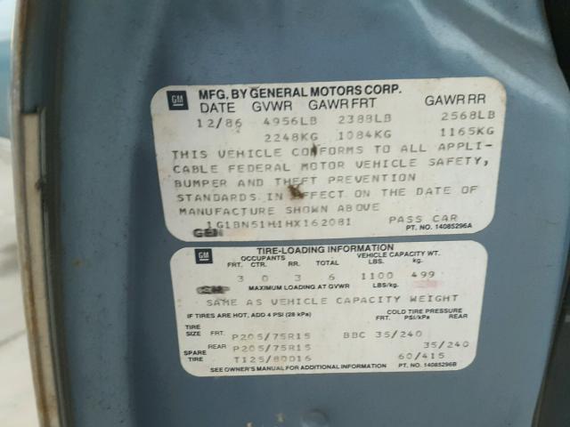 1G1BN51H1HX162081 - 1987 CHEVROLET CAPRICE CL 蓝色 照片 10