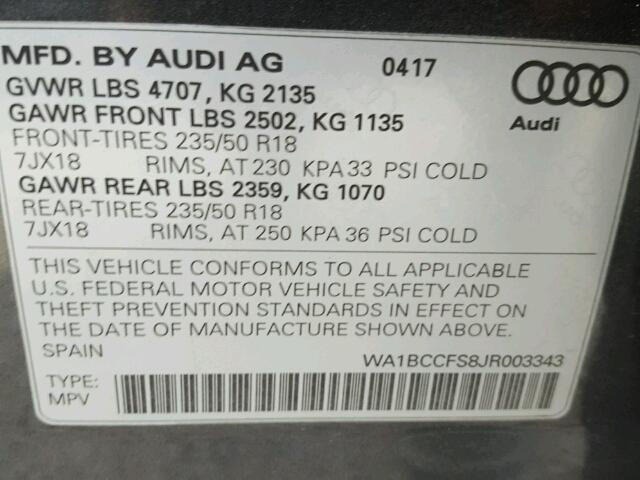 WA1BCCFS8JR003343 - 2018 AUDI Q3 PREMIUM GRAY photo 10