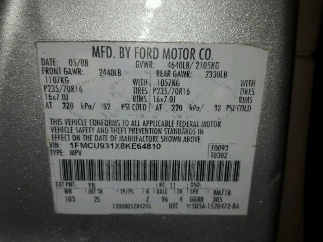 1FMCU931X8KE64810 - 2008 FORD ESCAPE XLT SILVER photo 10