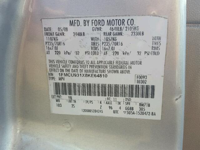 1FMCU931X8KE64810 - 2008 FORD ESCAPE XLT SILVER photo 9