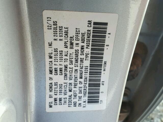 1HGCR2F83DA119285 - 2013 HONDA ACCORD EXL SILVER photo 10