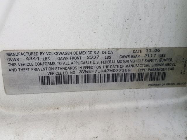 3VWEF71K47M077309 - 2007 VOLKSWAGEN JETTA WOLF WHITE photo 10