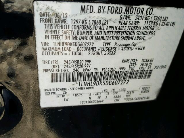 1LNHL9DK5DG607272 - 2013 LINCOLN MKS BLACK photo 10