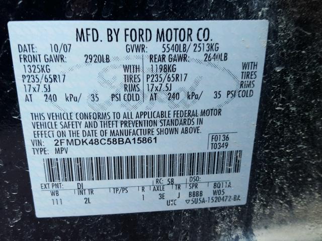 2FMDK48C58BA15861 - 2008 FORD EDGE BLACK photo 10