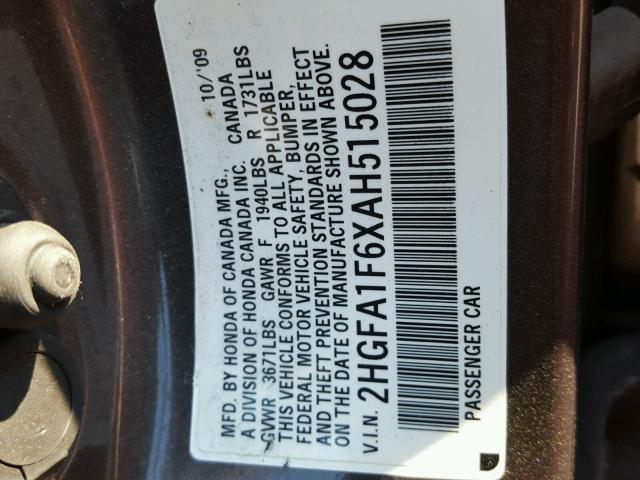 2HGFA1F6XAH515028 - 2010 HONDA CIVIC Boz foto 10