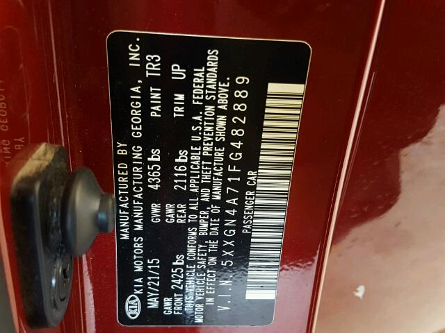 5XXGN4A71FG482889 - 2015 KIA OPTIMA EX RED photo 10