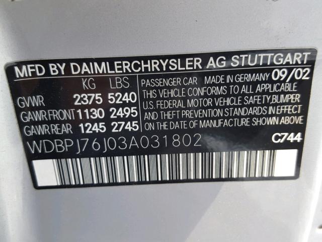 WDBPJ76J03A031802 - 2003 MERCEDES-BENZ CL 600 SILVER photo 10