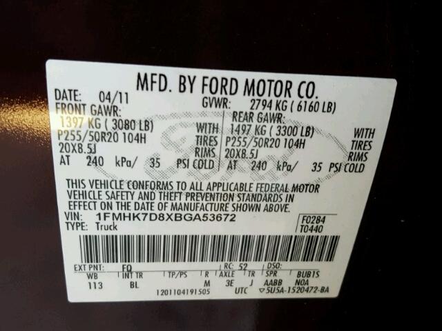 1FMHK7D8XBGA53672 - 2011 FORD EXPLORER X MAROON photo 10