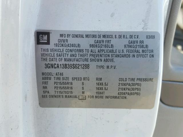 3GNCA13B39S621288 - 2009 CHEVROLET HHR LS WHITE photo 10