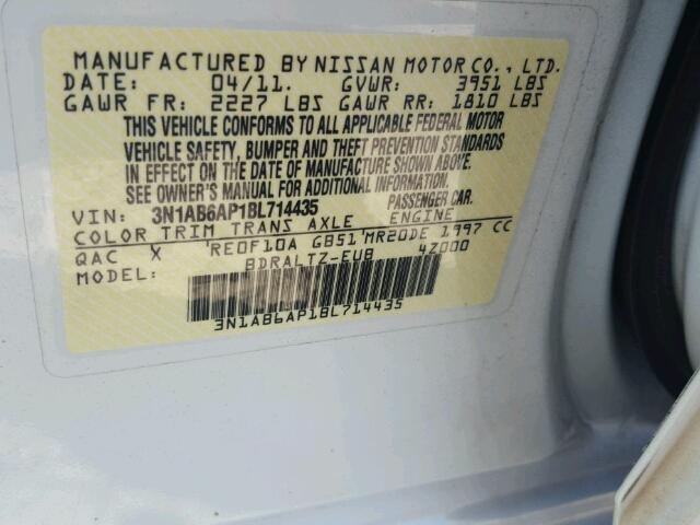 3N1AB6AP1BL714435 - 2011 NISSAN SENTRA 2.0 WHITE photo 10