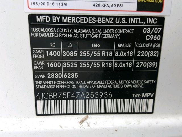 4JGBB75E47A253936 - 2007 MERCEDES-BENZ ML 500 WHITE photo 10