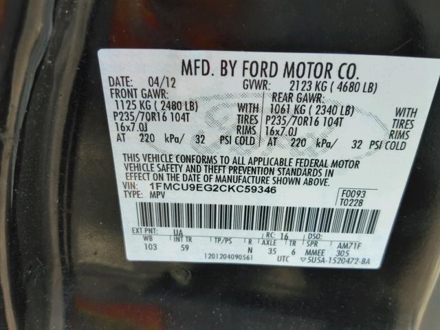 1FMCU9EG2CKC59346 - 2012 FORD ESCAPE LIM BLACK photo 10