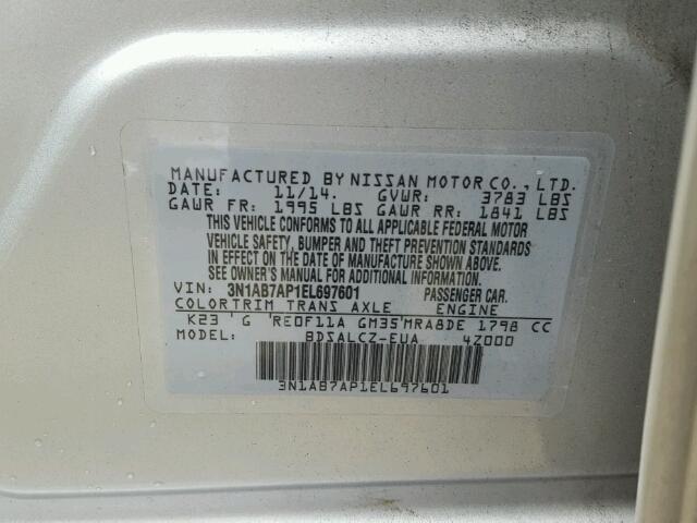 3N1AB7AP1EL697601 - 2014 NISSAN SENTRA S SILVER photo 10