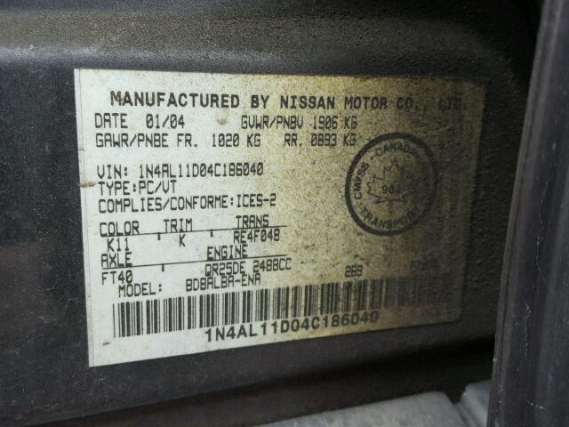 1N4AL11D04C186040 - 2004 NISSAN ALTIMA BAS GRAY photo 10