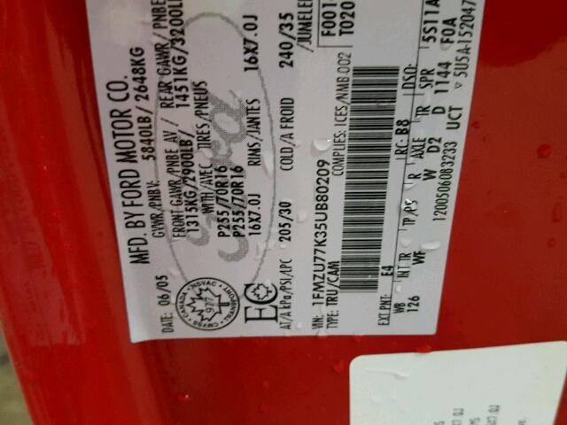 1FMZU77K35UB80209 - 2005 FORD EXPLORER S 红色 照片 10