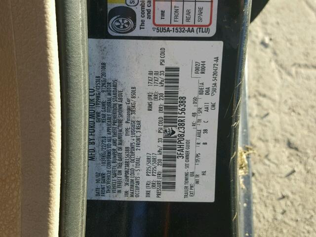 3FAHP08ZW8R156388 - 2008 FORD FUSION BLACK photo 10