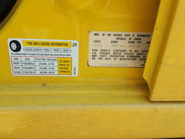 KL1TD66618B252072 - 2008 CHEVROLET AVEO BASE Żółty zdjęcie 10