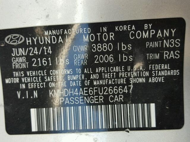 KMHDH4AE6FU266647 - 2015 HYUNDAI ELANTRA SE SILVER photo 10