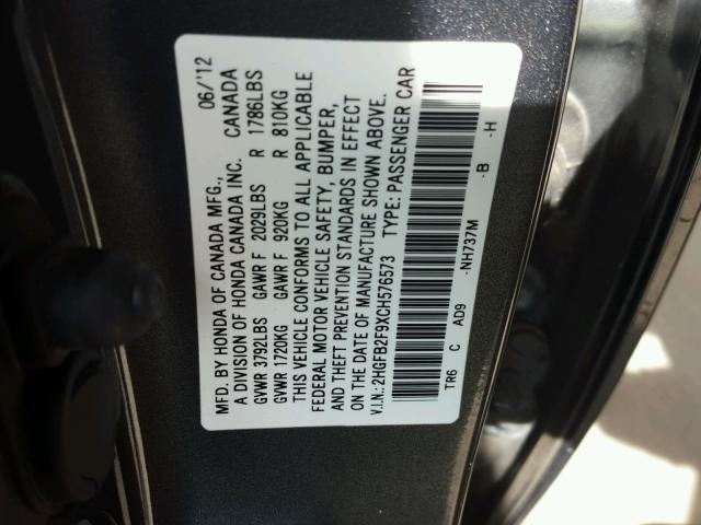 2HGFB2F9XCH576573 - 2012 HONDA CIVIC EXL CHARCOAL photo 10