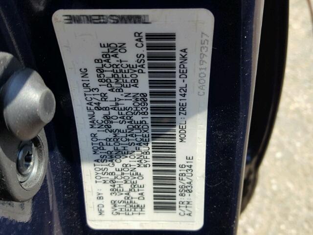 5YFBU4EEXDP183900 - 2013 TOYOTA COROLLA BA BLUE photo 10