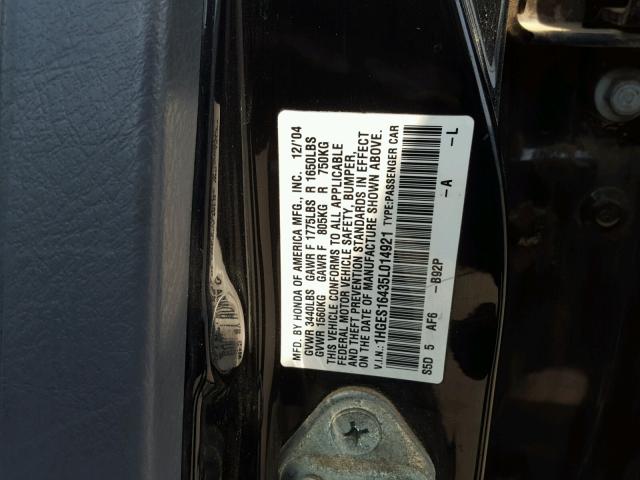 1HGES16435L014921 - 2005 HONDA CIVIC DX BLACK photo 10