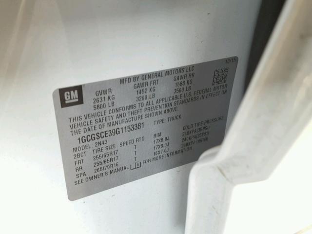 1GCGSCE39G1153381 - 2016 CHEVROLET COLORADO L WHITE photo 10