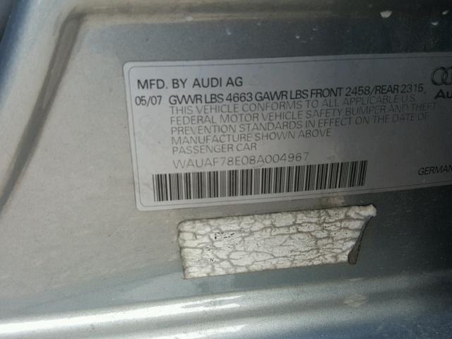 WAUAF78E08A004967 - 2008 AUDI A4 2.0T GRAY photo 10