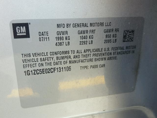 1G1ZC5E02CF131106 - 2012 CHEVROLET MALIBU 1LT ვერცხლისფერი ფოტო 10