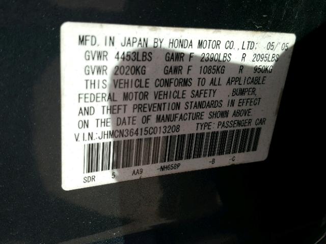 JHMCN36415C013208 - 2005 HONDA ACCORD HYB BLUE photo 10