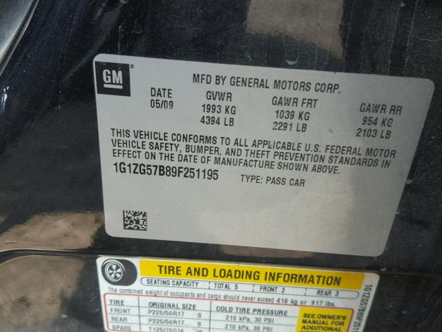 1G1ZG57B89F251195 - 2009 CHEVROLET MALIBU LS 黑色 照片 10